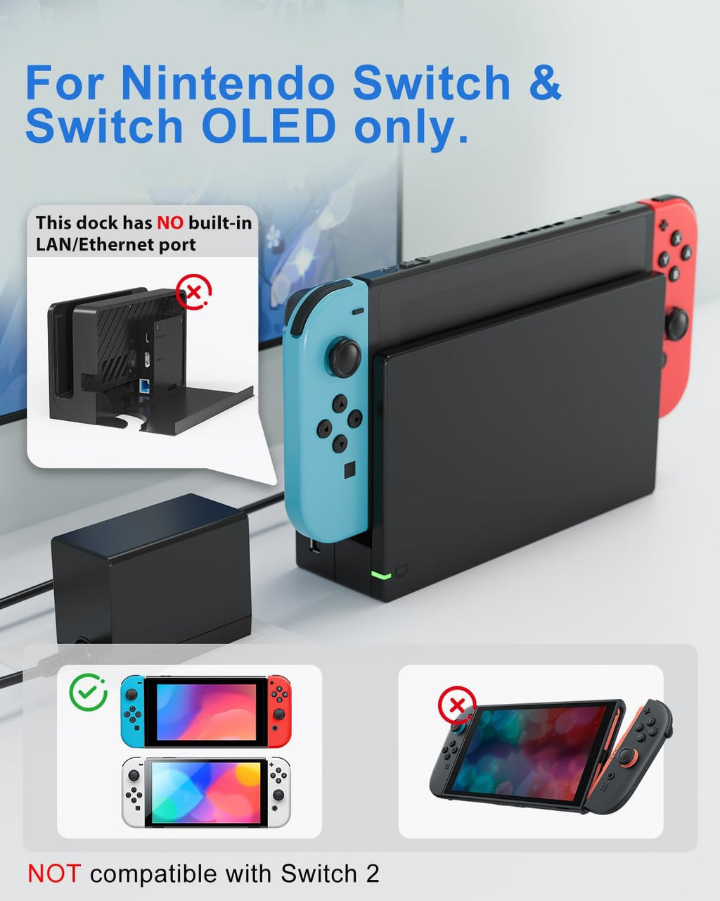 Estación de Dock para TV para Switch/Switch OLED Reemplazo 3-en-1 – Incluye Módulo IC Original, Cargador AC y Cable HDMI de Alta Velocidad, Soporta Salida 1080P HD y Carga de la Consola (No Compatible con Switch 2)