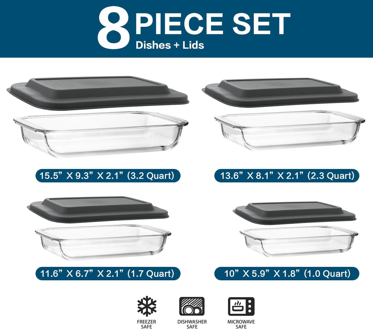 Juego de 8 platos para hornear de vidrio profundo con tapas de plástico, juego de utensilios rectangulares de vidrio con tapas, moldes para hornear para lasaña, sobras, cocina, congelador a horno y