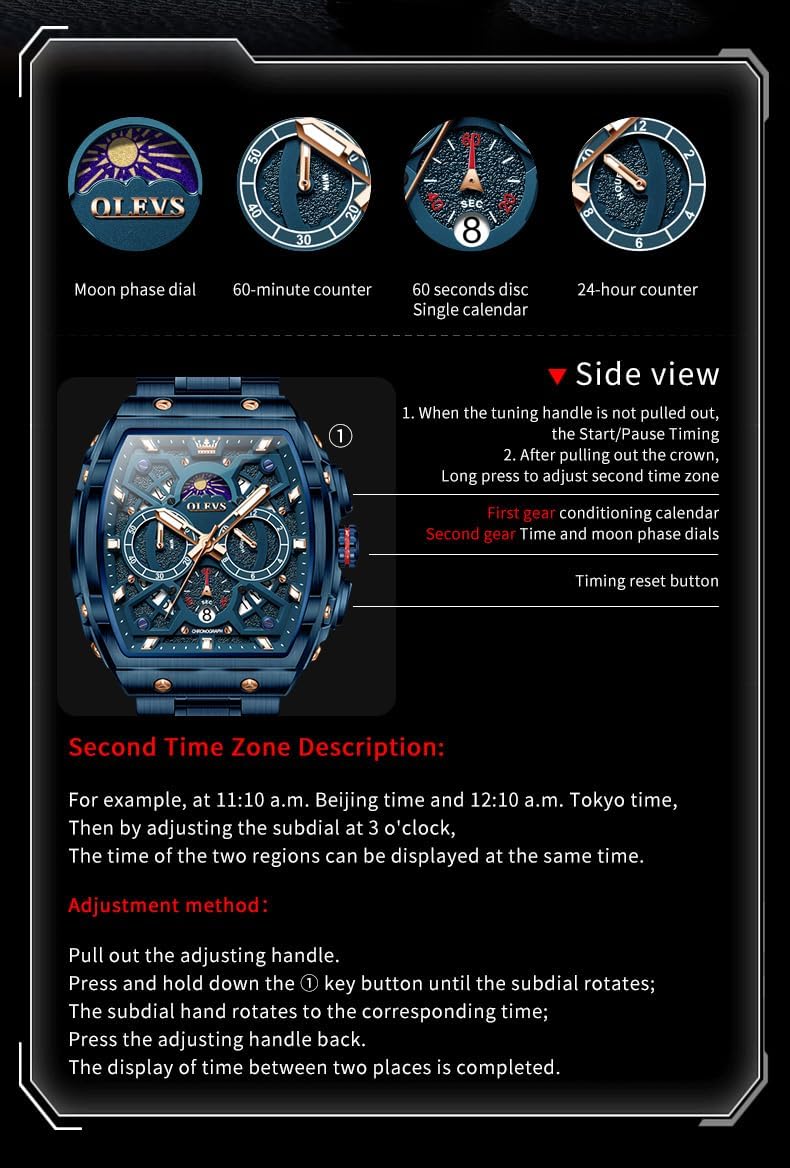 OLEVS Reloj para Hombres Analógico Cuarzo Lujo Diamante Resistente al Agua Cronógrafo Acero Inoxidable Carita Grande Cuadrado Fecha Fase Lunar Romano Relojes de Vestir para Hombres