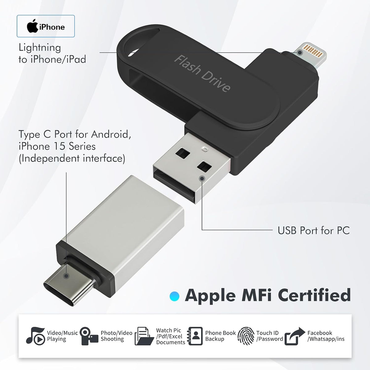 Unidad flash con certificación MFi de Apple de 512 GB, Memory Stick...