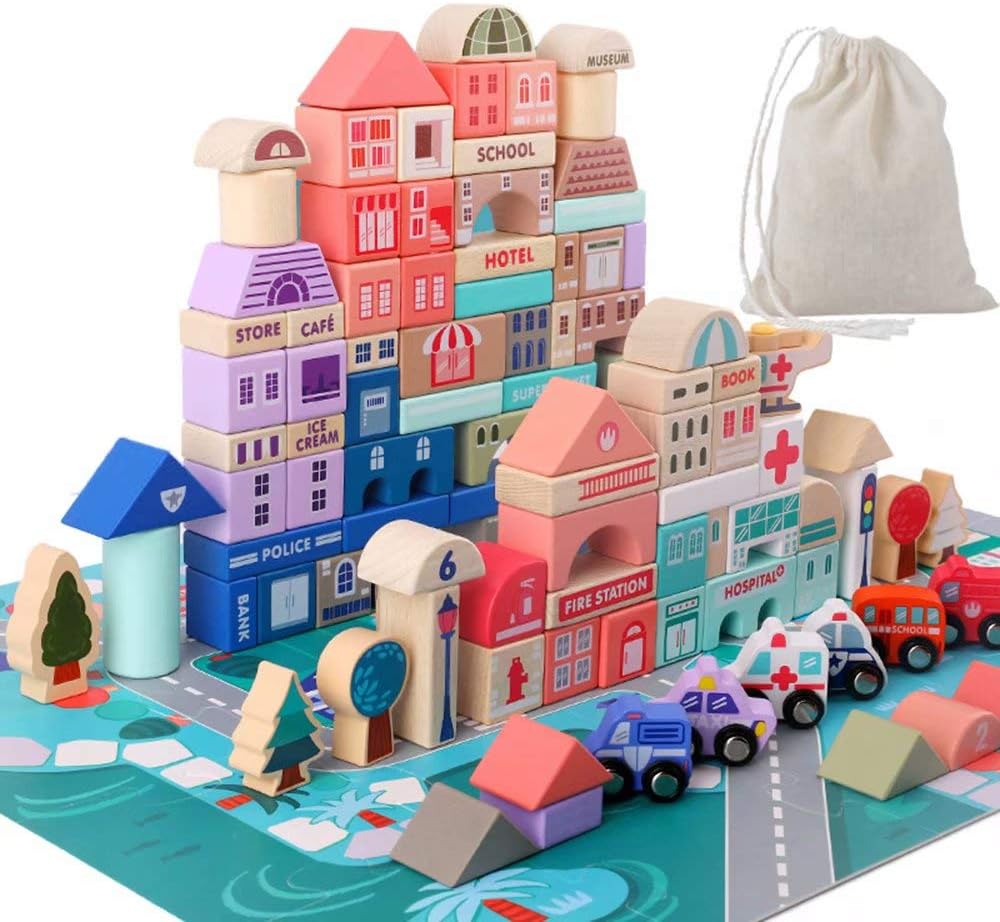 Juego de bloques de construcción de madera, apilador de construcció...