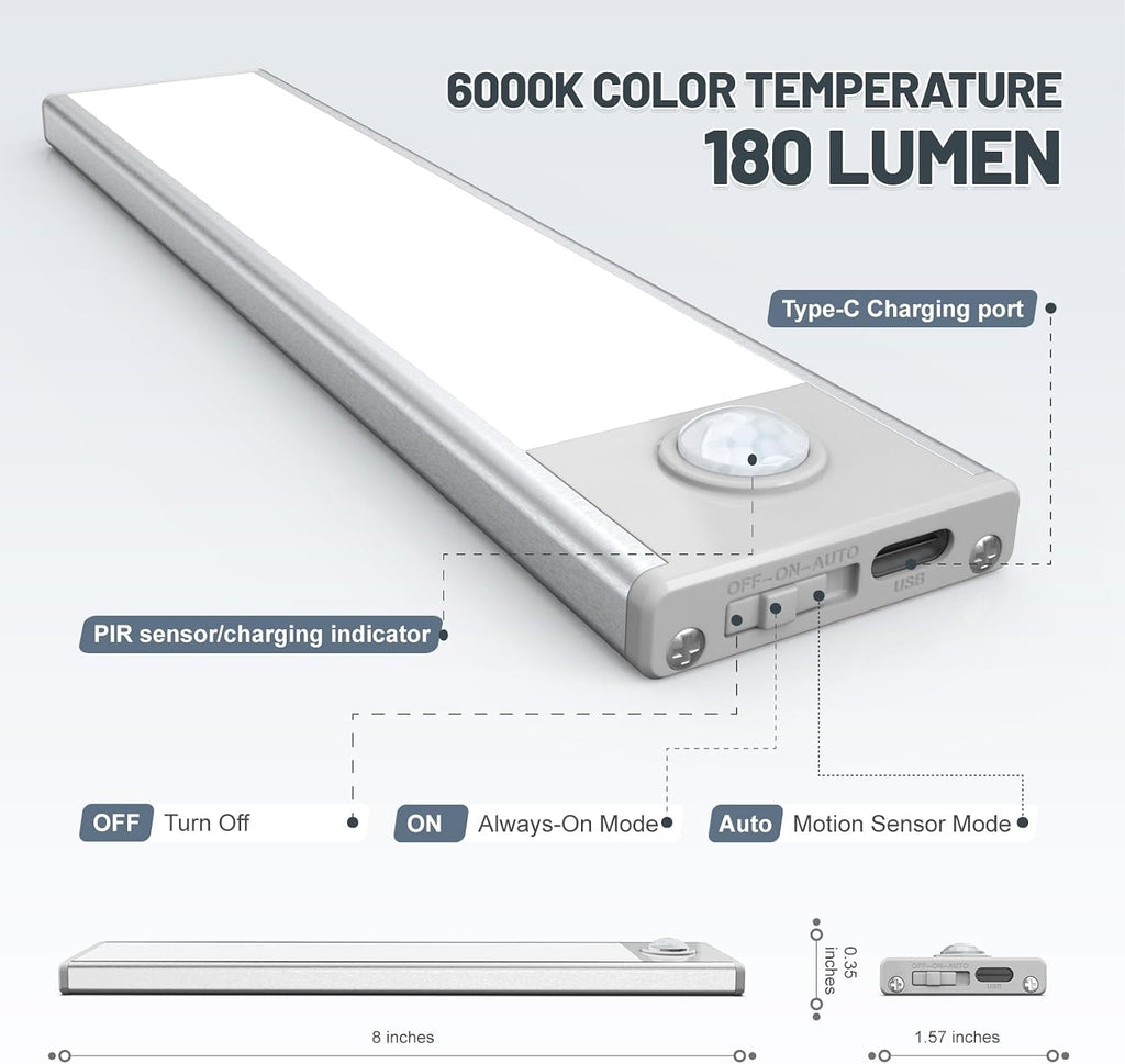 Paquete de 6 luces inalámbricas para debajo del gabinete, 32 luces LED con sensor de movimiento, luces magnéticas recargables para interiores, funciona con pilas, luces debajo del mostrador para