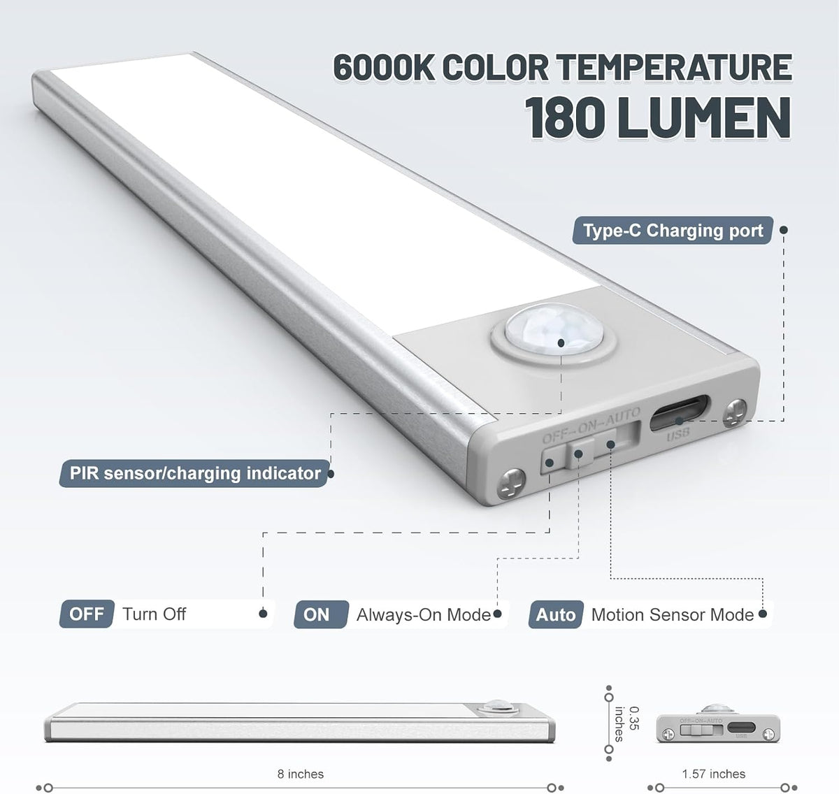 Paquete de 6 luces inalámbricas para debajo del gabinete, 32 luces LED con sensor de movimiento, luces magnéticas recargables para interiores, funciona con pilas, luces debajo del mostrador para