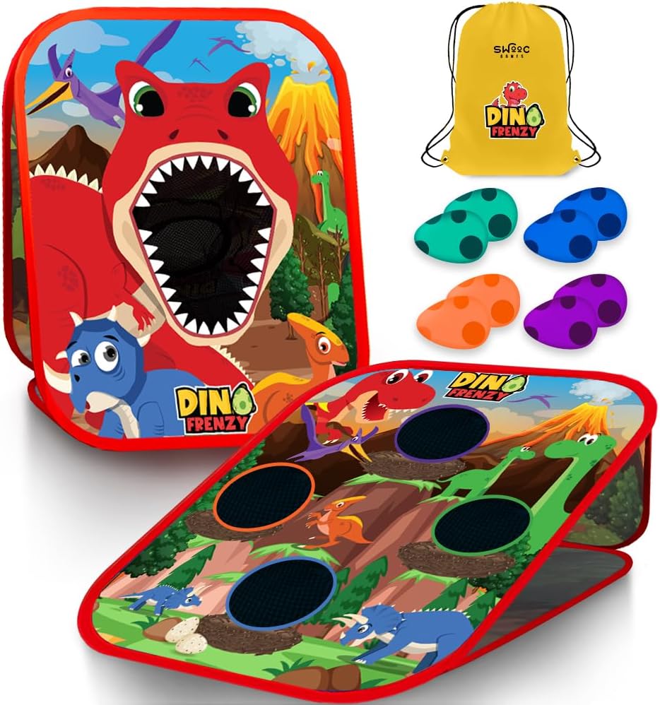 Swooc Games® - Dino Frenzy | Juegos de Corn Hole 2 en 1 para niños | Configuración de 5 segundos | Juego de lanzamiento de bolsas de frijoles de dinosaurio para niños | Juego de Cornhole para niños |
