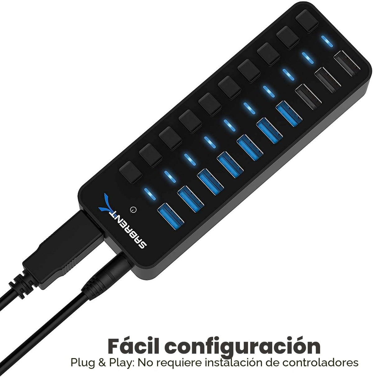 SABRENT, PS65B120Y5000S, hub USB 3.0 de 10 puertos, alimentado, adaptador 12V/5A