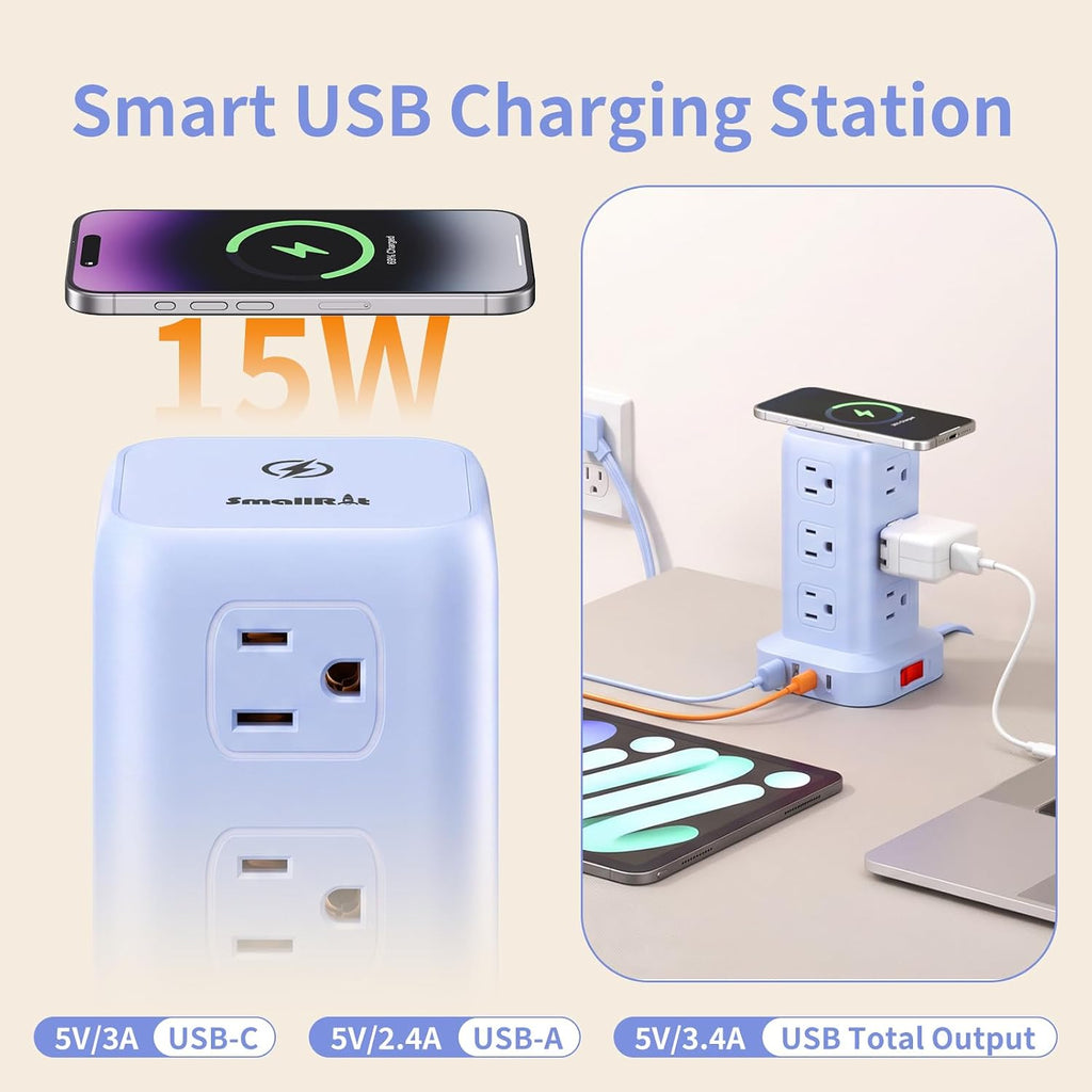 Cable de extensión con múltiples tomas, extensor de salida SMALLRT con 12 salidas de CA, 4 USB, torre de regleta de alimentación de 6.5 pies para suministros de oficina en casa, azul