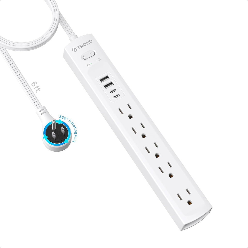 TROND - Tira de alimentación con protector de sobretensiones, enchufe plano giratorio 360°, 5 contactos ampliamente espaciados con 2 USB C y 2 USB A, protector de sobretensiones 1440J, montaje en