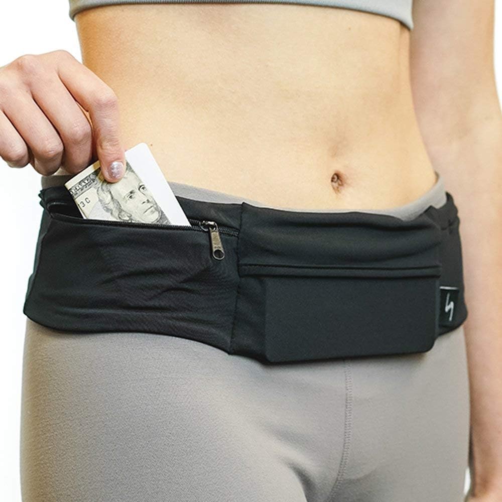 Riñonera ajustable de 3 bolsillos para correr, riñonera para entrenar con respaldo resistente al sudor, soporta todos los modelos de iPhone, Negro/Negro, Cinturón para correr de 3 bolsillos versión 1