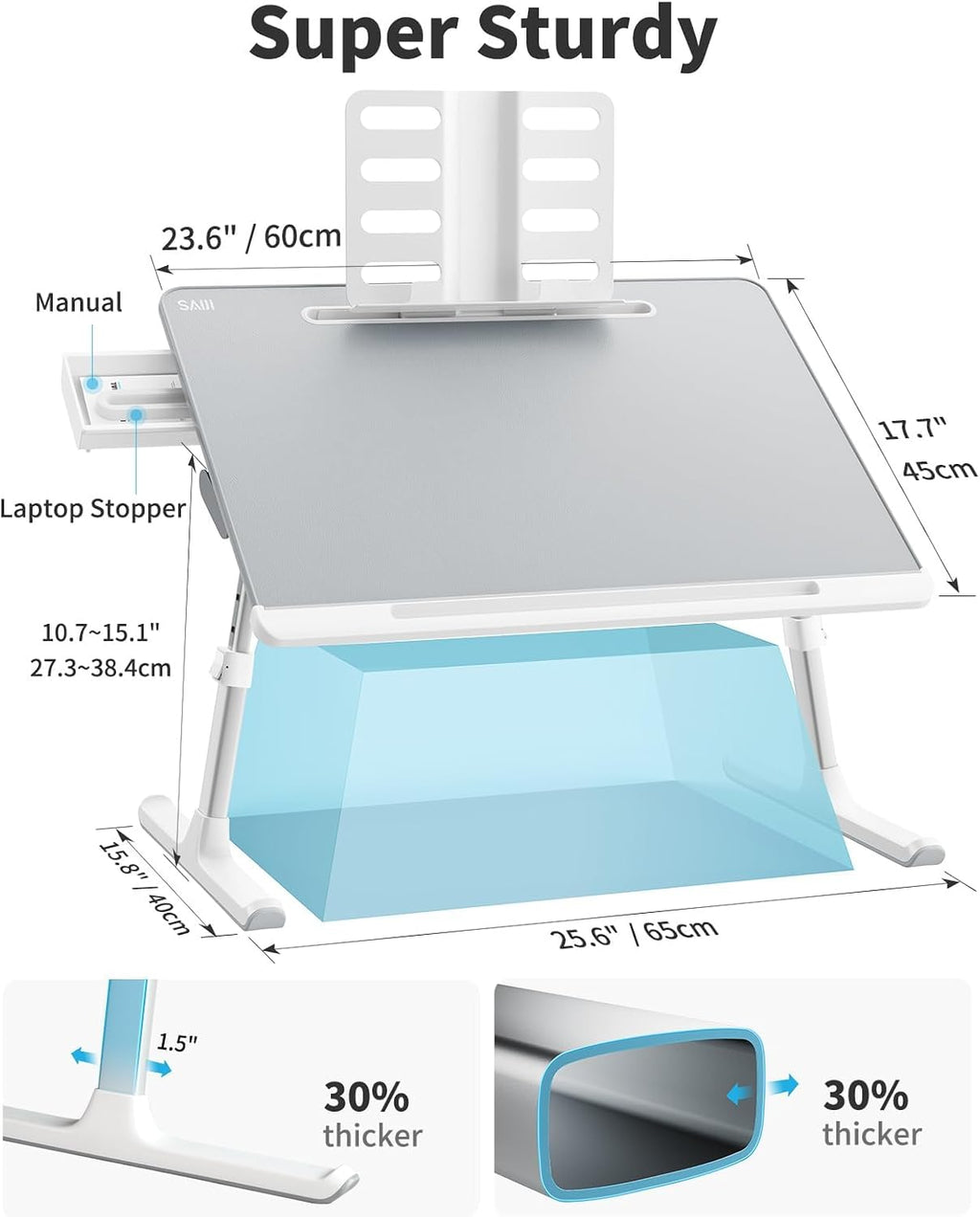 SAIJI - Escritorio de regazo para laptop para cama, mesa ajustable XL para