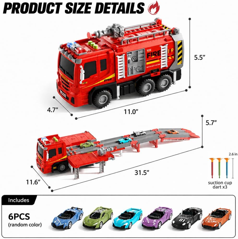 Camión de Bomberos de Juguete para Niños de 3-5 y 4-8 Años, Set de Pista de Carreras 2 en 1 con Lanzador