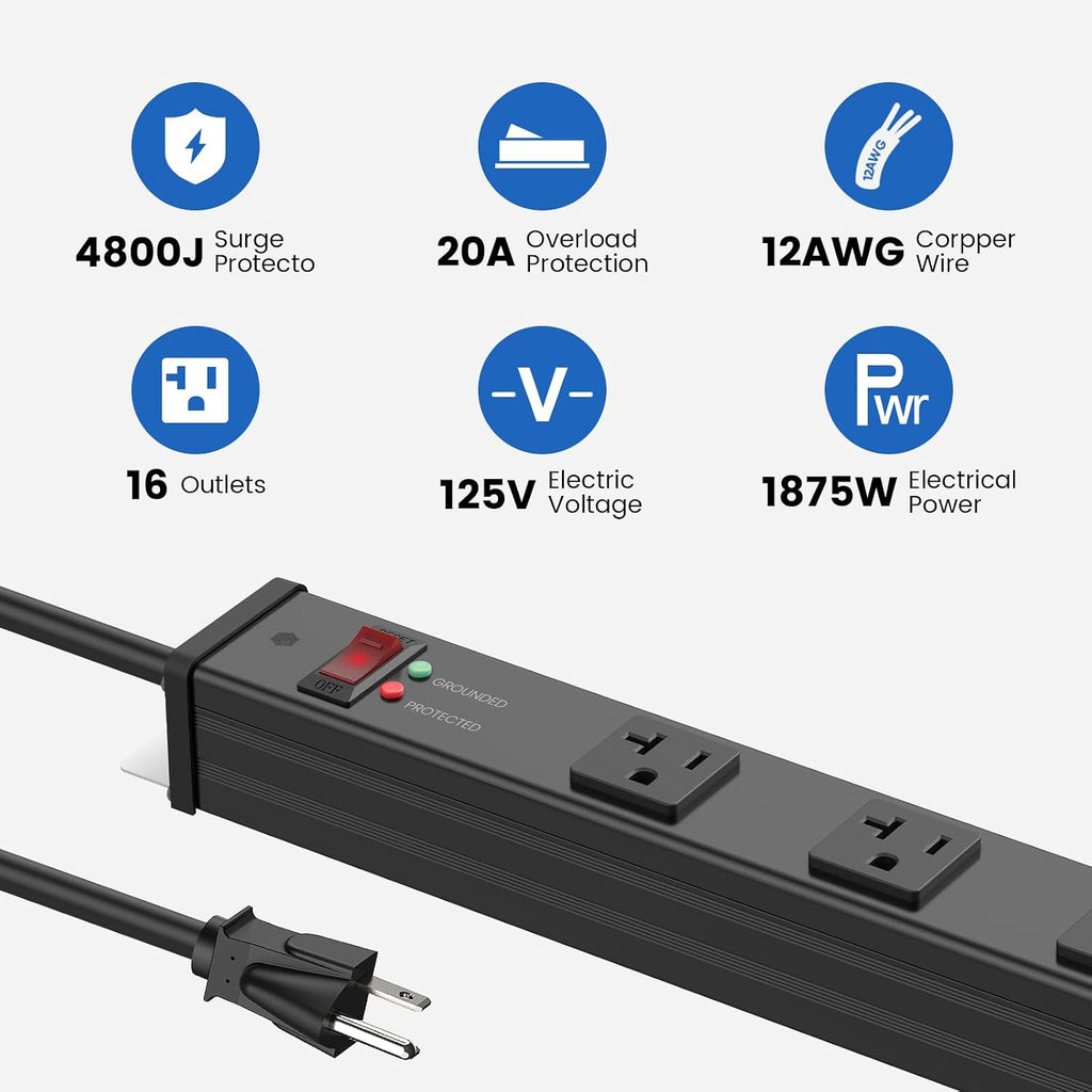 Regleta de alimentación larga de 16 tomas, protección contra sobretensiones 4800J, amplio espaciado, calibre 12, protector de sobretensiones industrial con interruptor de 20 amperios, cable de extensión de alto amplificador 6-20R, ranura en T, 6 pies