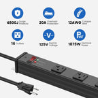 Regleta de alimentación larga de 16 tomas, protección contra sobretensiones 4800J, amplio espaciado, calibre 12, protector de sobretensiones industrial con interruptor de 20 amperios, cable de extensión de alto amplificador 6-20R, ranura en T, 6 pies
