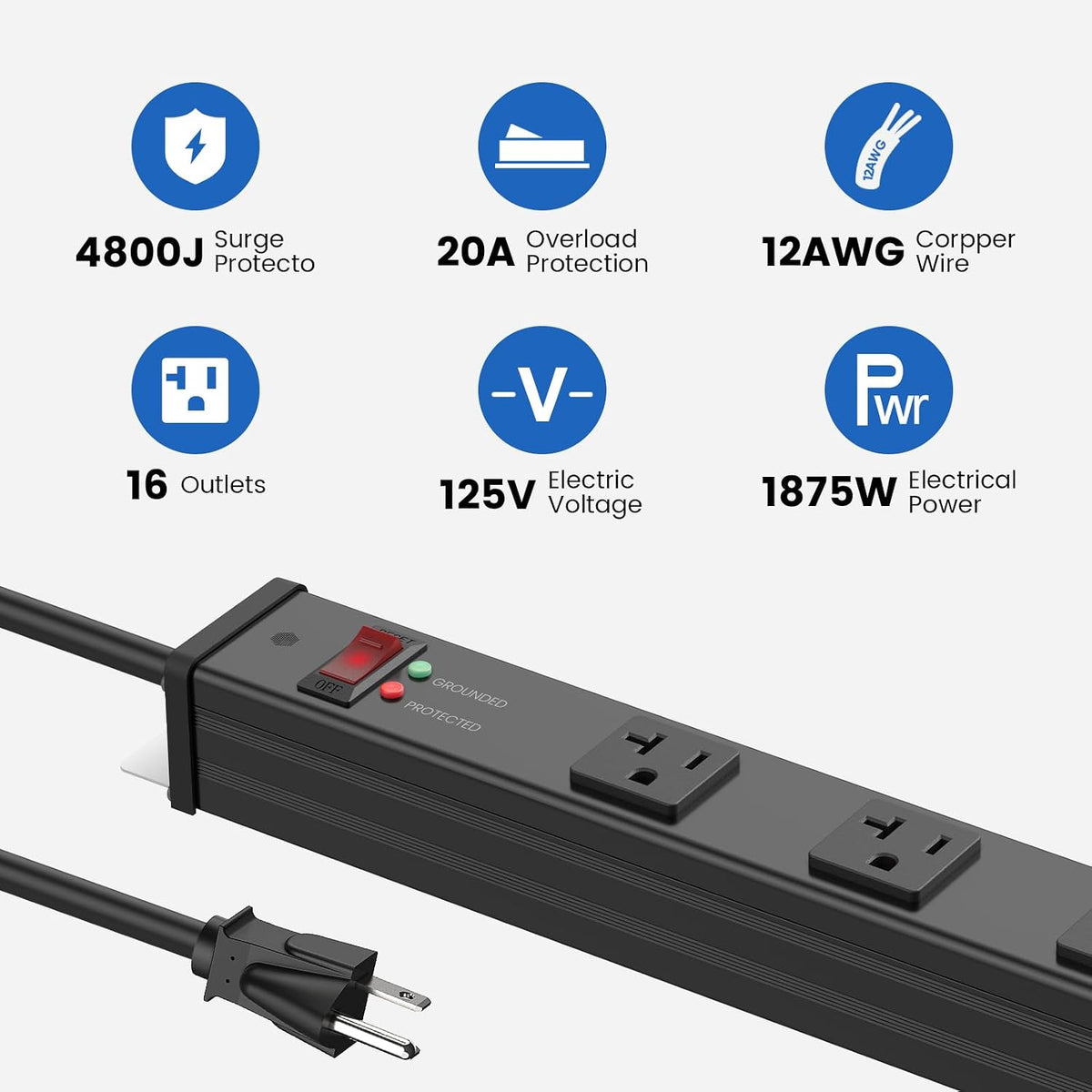 Regleta de alimentación larga de 16 tomas, protección contra sobretensiones 4800J, amplio espaciado, calibre 12, protector de sobretensiones industrial con interruptor de 20 amperios, cable de extensión de alto amplificador 6-20R, ranura en T, 6 pies
