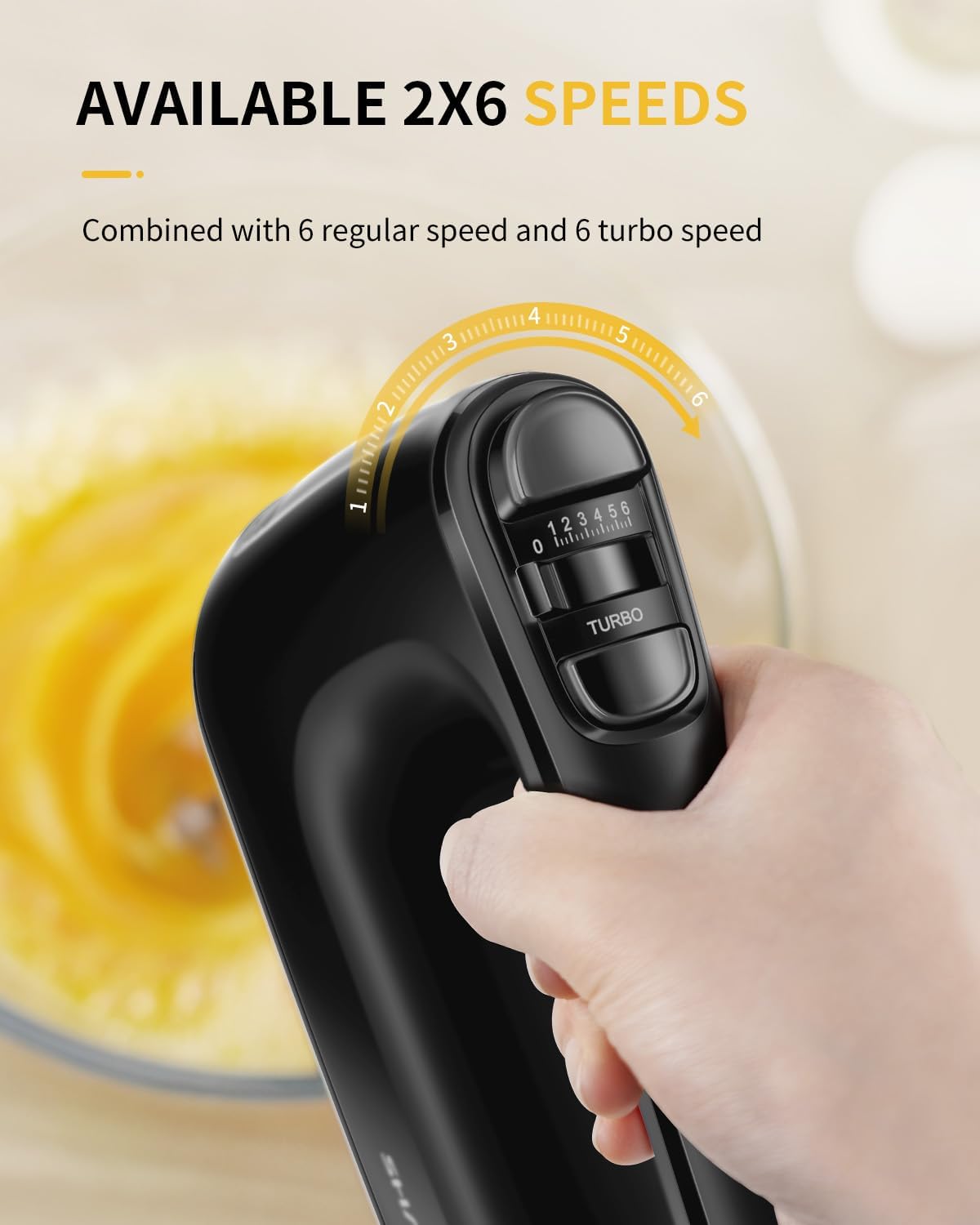 SHARDOR Batidora de mano eléctrica, 6 velocidades y turbo, mezclador eléctrico de mano, estuche de almacenamiento a presión, 5 accesorios de acero inoxidable para batir, mezclar galletas, brownie