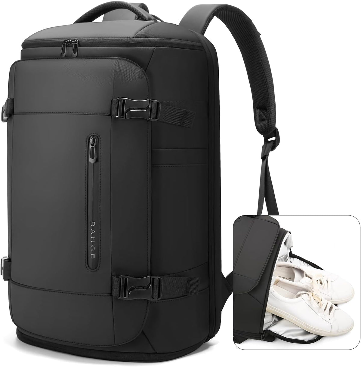 BANGE Mochila de viaje de 40 L con compartimento para zapatos, bolsa de fin de semana de gran capacidad para laptop de 17.3 pulgadas, mochila de equipaje de mano con soporte para botella de agua para viajes, senderismo, negocios