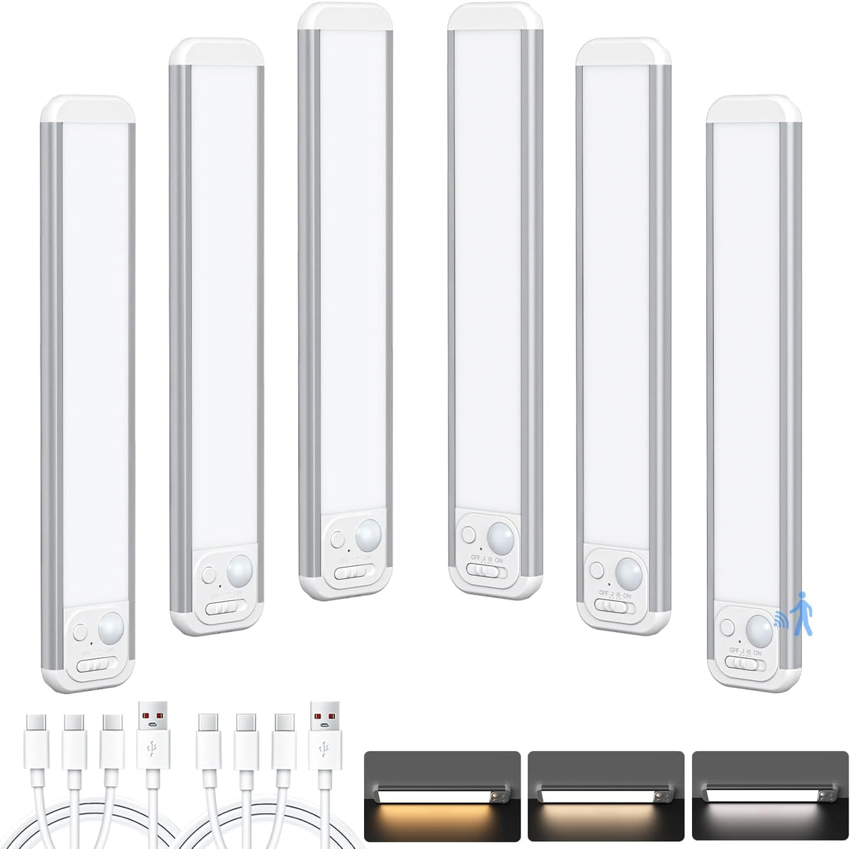 SECRUI Paquete de 6 luces para debajo del gabinete de 8.5 pulgadas, luces con sensor de movimiento para interiores, recargable de 48 LED de 3 colores, barra de luz magnética de atenuación continua