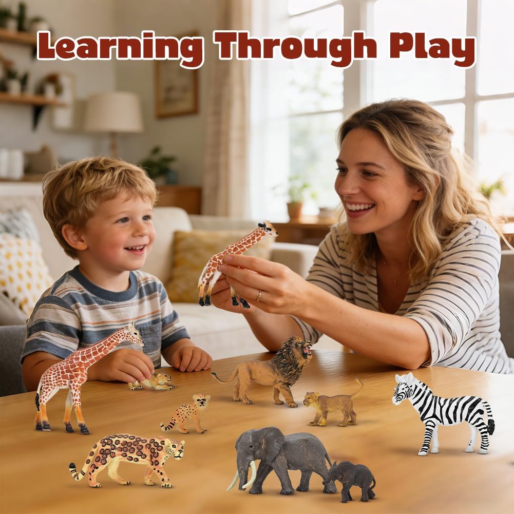 Juguetes de figuras de animales de zoológico de safari, 14 piezas realistas de animales de la selva, animales africanos de plástico salvajes con león, juego educativo de elefante para niños pequeños