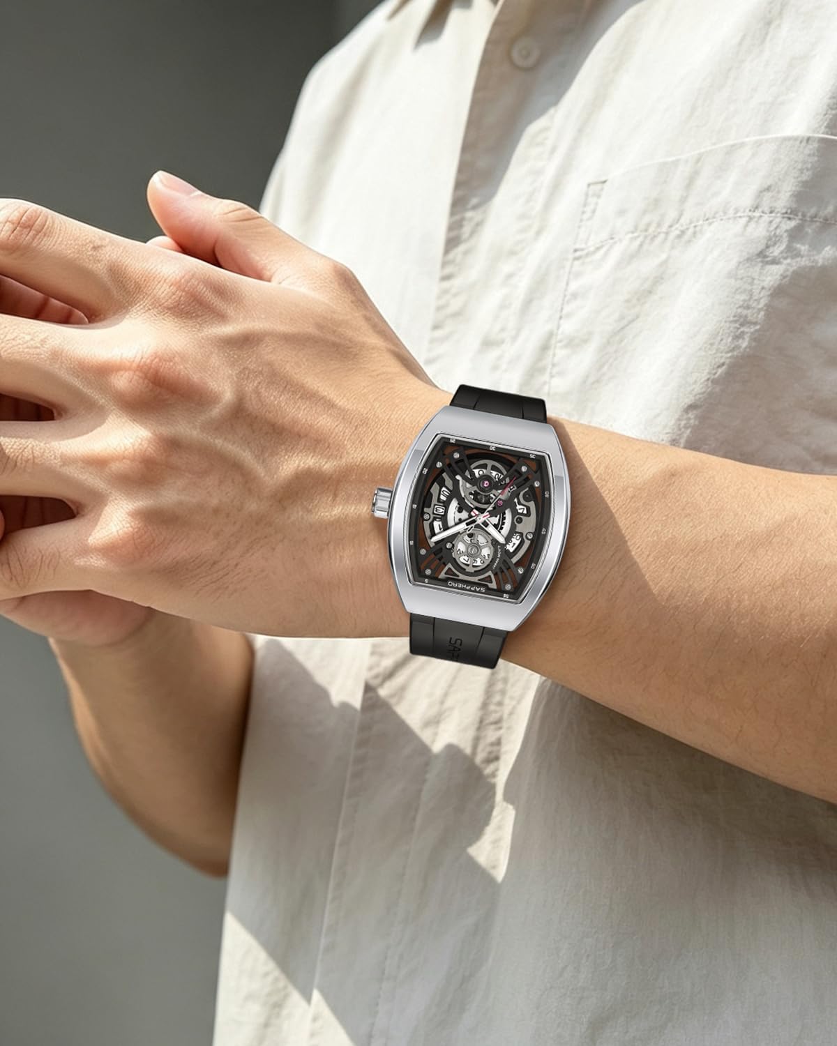 SAPPHERO Reloj para hombre, esfera de esqueleto Tonneau, caja de acero inoxidable, movimiento de cuarzo japonés, correa de silicona, reloj de pulsera deportivo y de moda, resistente a los 30M, fecha