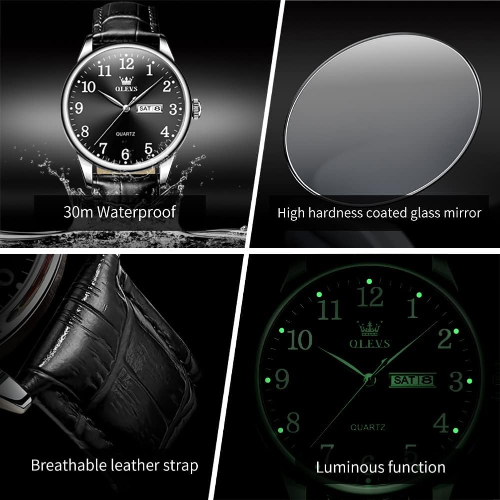 OLEVS Relojes de Cuero para Hombres, Casual, Fácil de leer, Quartz, Números, Resistente al Agua