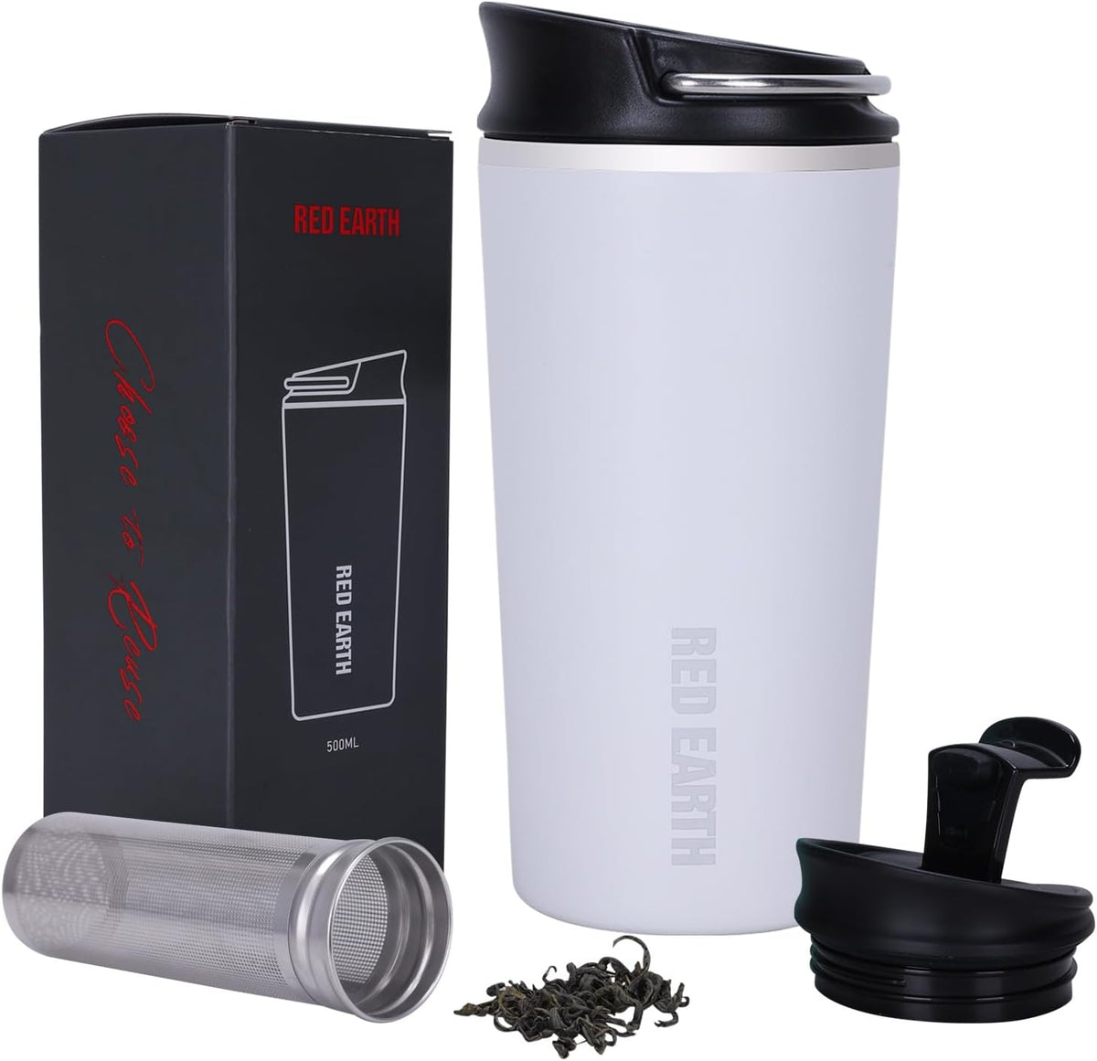 GiNT - Taza de té de viaje de 17 onzas con infusor, 2 tapas. Taza de café de acero inoxidable 316 aislada al vacío. Taza de té apta para lavavajillas con colador para café caliente y frío (blanco)