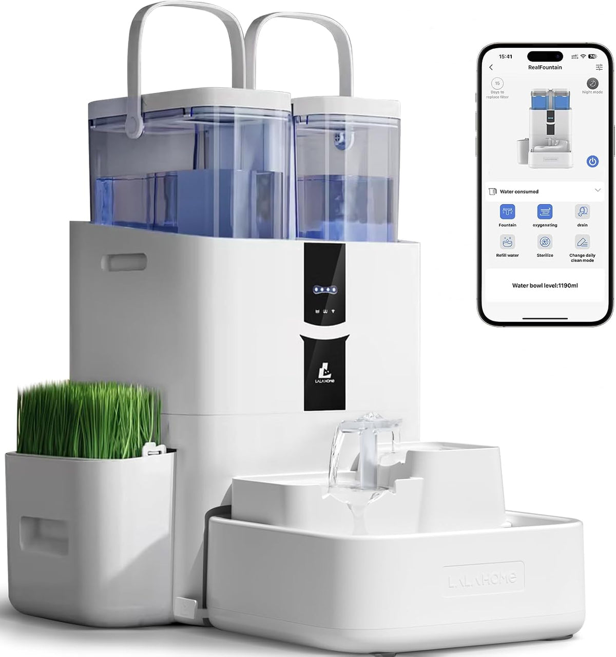 Fuente automática de agua para gatos de 10 L/338 onzas, autolenado y limpieza, dispensador de agua para mascotas con sistema de filtro para perros, 5G Wi-Fi Smart Bowl separación de aguas residuales y no es viscosa con bombas silenciosas