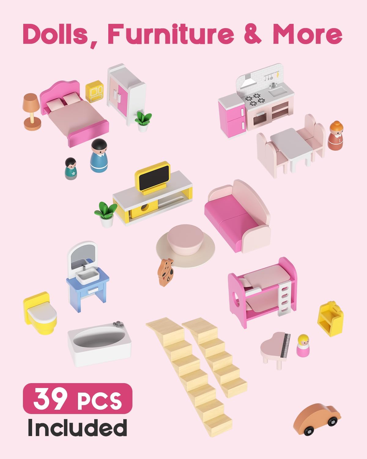 Casa de muñecas de madera para niñas y niños de 3 a 8 años, casa de
