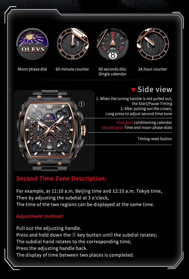 OLEVS Reloj para Hombres Analógico Cuarzo Lujo Diamante Resistente al Agua Cronógrafo Acero Inoxidable Carita Grande Cuadrado Fecha Fase Lunar Romano Relojes de Vestir para Hombres
