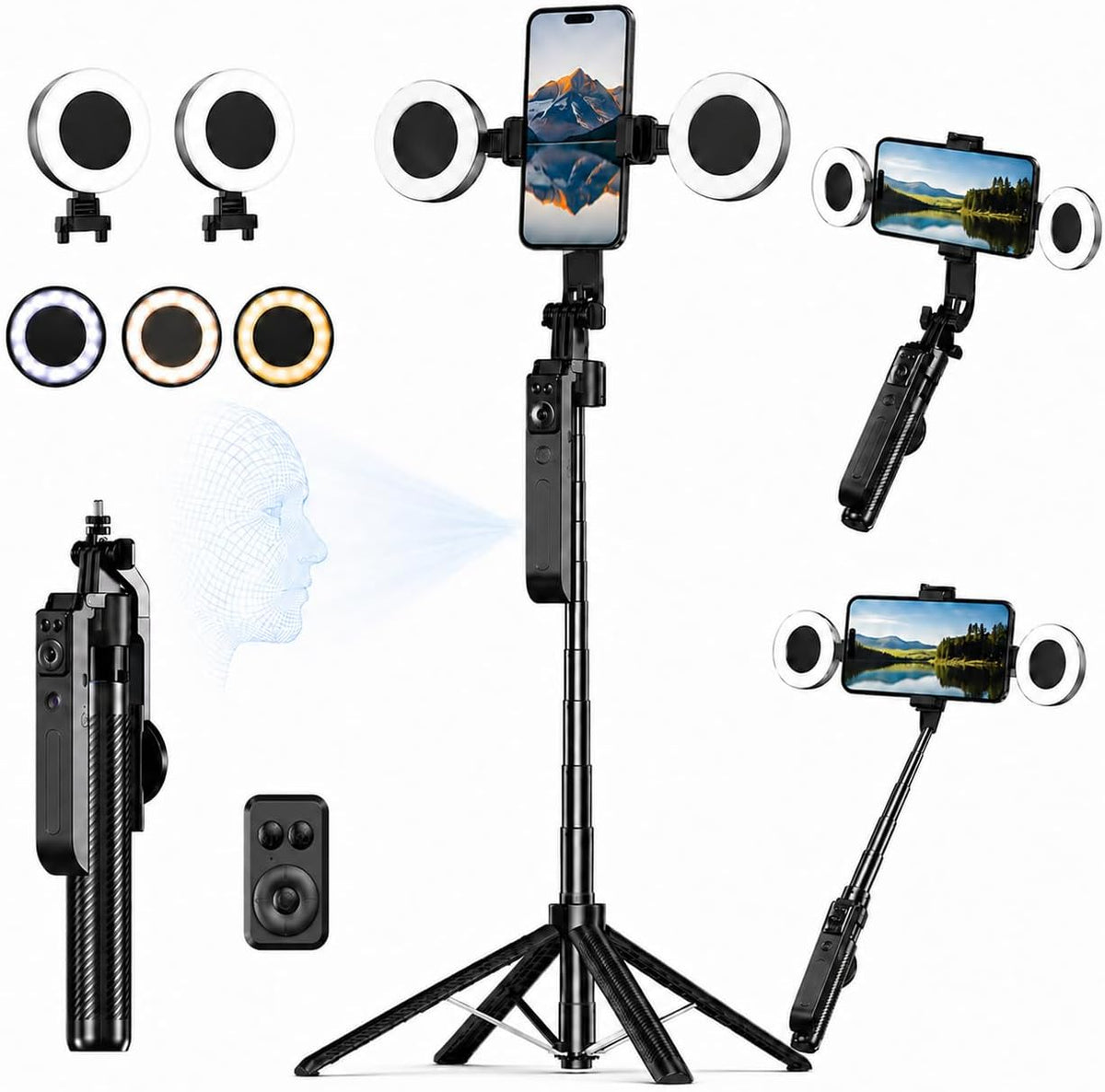 Trípode para iPhone, negro 70.9 in Palo selfie con seguimiento facial automático para iPhone