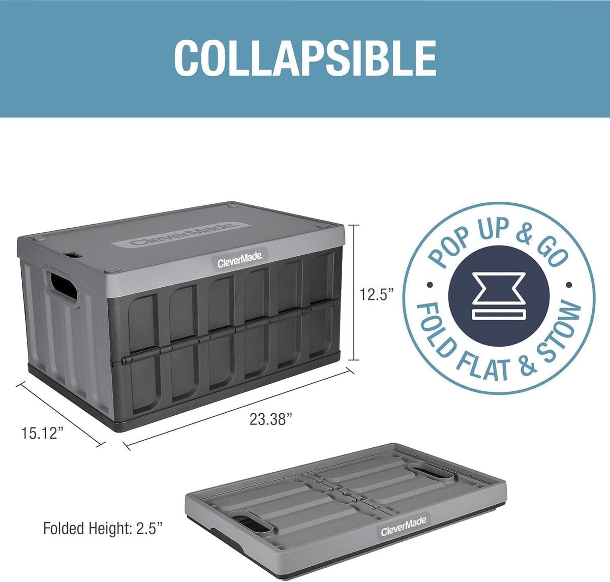 CleverMade - Contenedores de almacenamiento plegables con tapas, 62 litros, paquete de 3, 100 libras, obsidiana