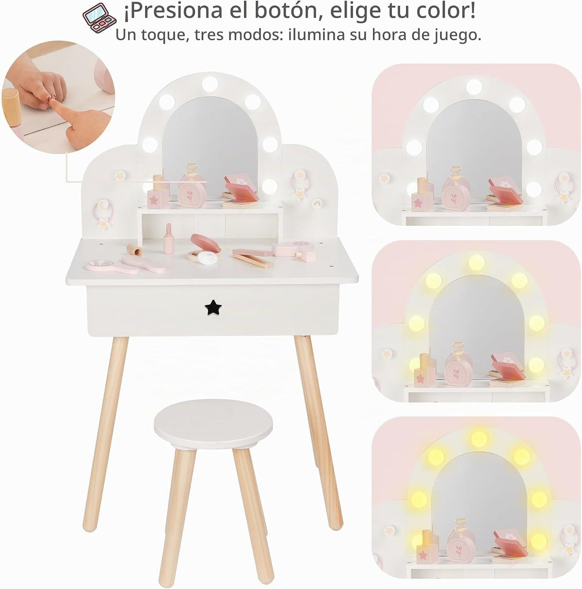 Juego de tocador infantil para niñas pequeñas con botón táctil de 3 colores iluminado espejo