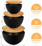 Juego de 3 cuencos de ensalada de fibra de bambú natural con tapas, tazón para preparar y servir ensalada, cereales, frutas, verduras, palomitas de maíz, papas fritas y pan (10, 8, 6 pulgadas)