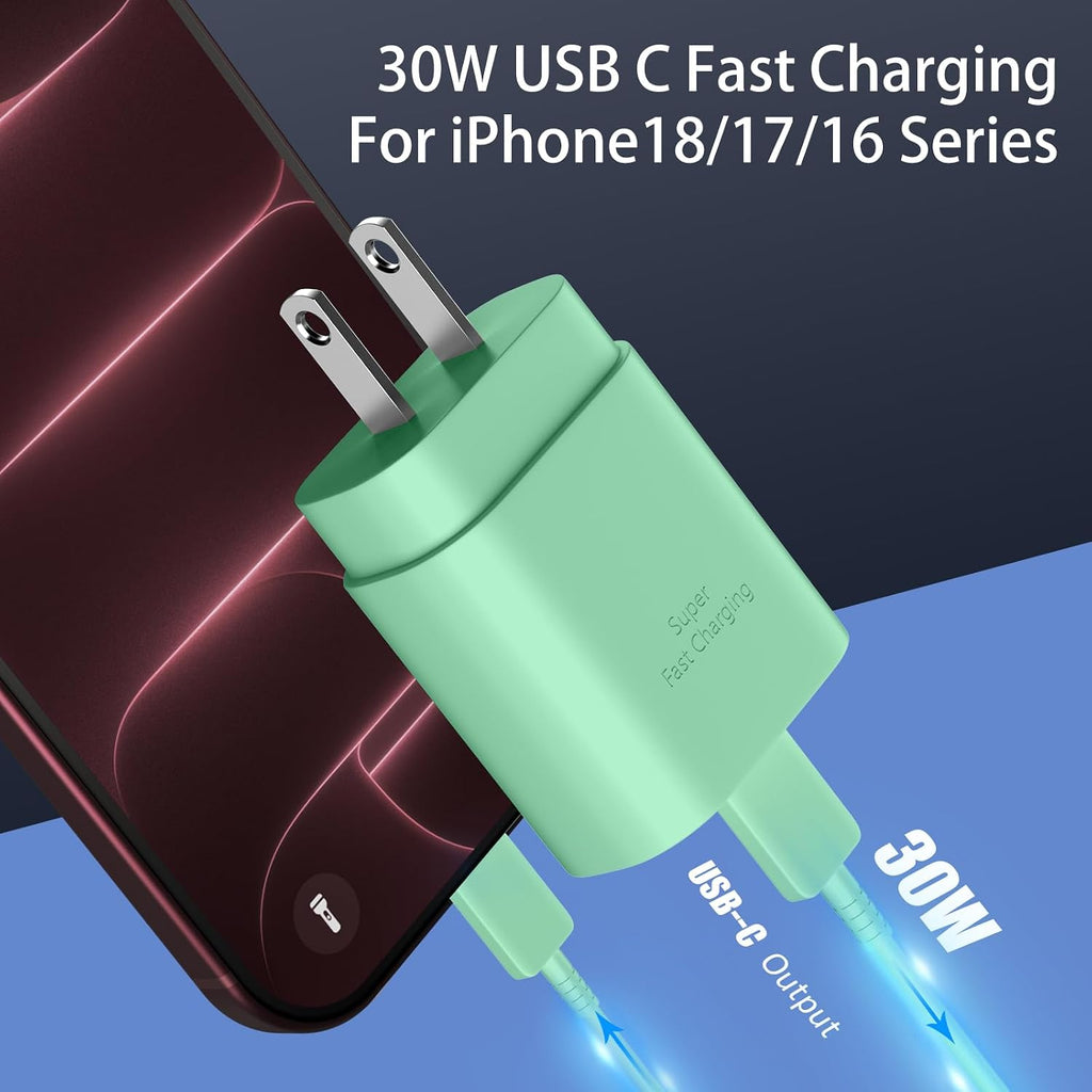 Cargador para teléfono 17 16 15 carga rápida, 30 W USB C Phone 17 16 15 Pro Max bloque de carga y cable tipo C de 10 pies de largo para i.Phone 17/Air/17 Pro/17 Pro Max/16/16 Plus/16 Pro/16 Pro Max/15/15 Pro Max, verde
