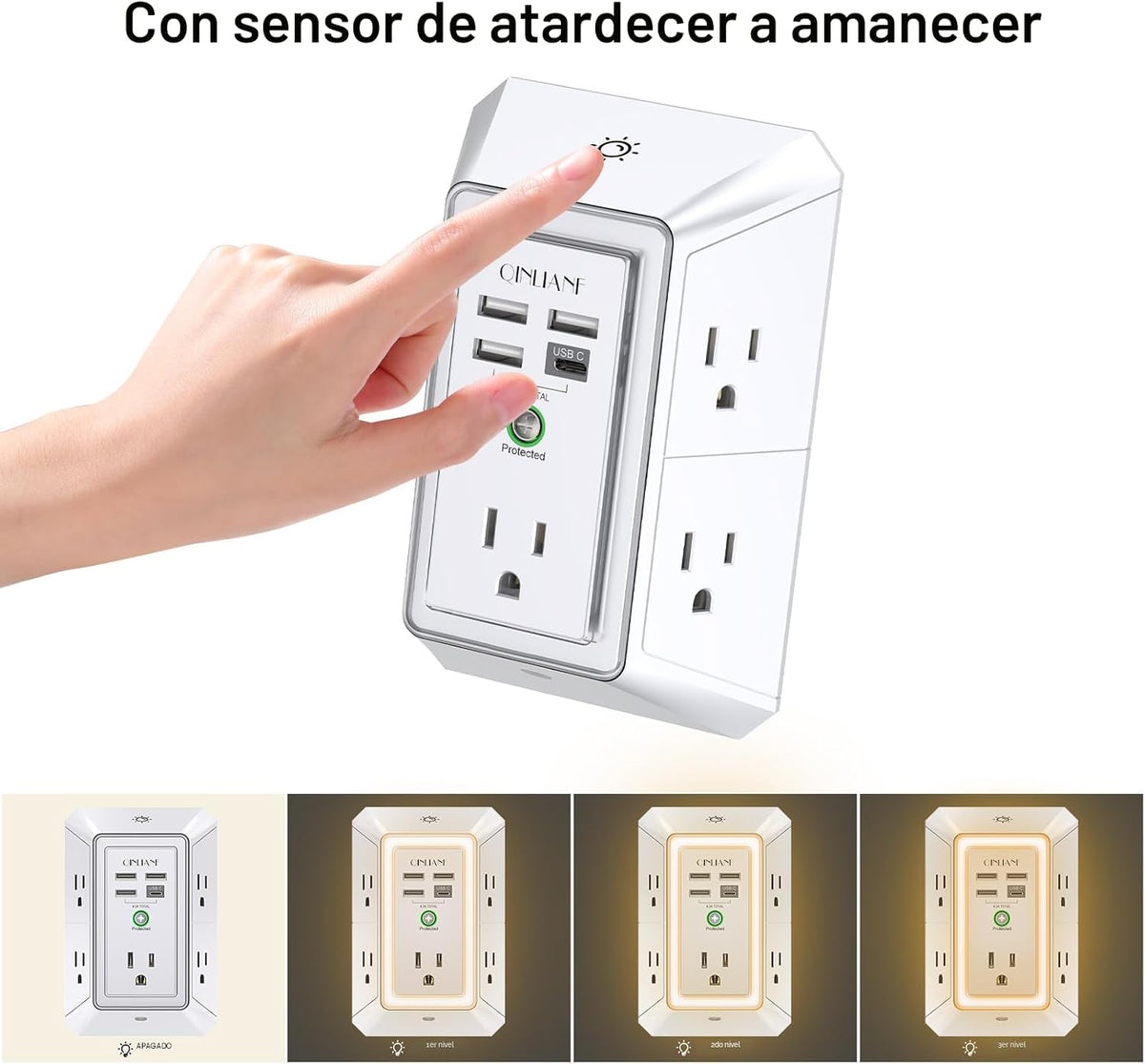 Extensor de Enchufe de 3 Lados con Luz Nocturna - QINLIANF Enchufe Múltiple con 5 Tomas y 4 Puertos USB (1 USB-C), Cargador de Pared USB para Hogar, Oficina, Viajes, Certificado ETL, Blanco
