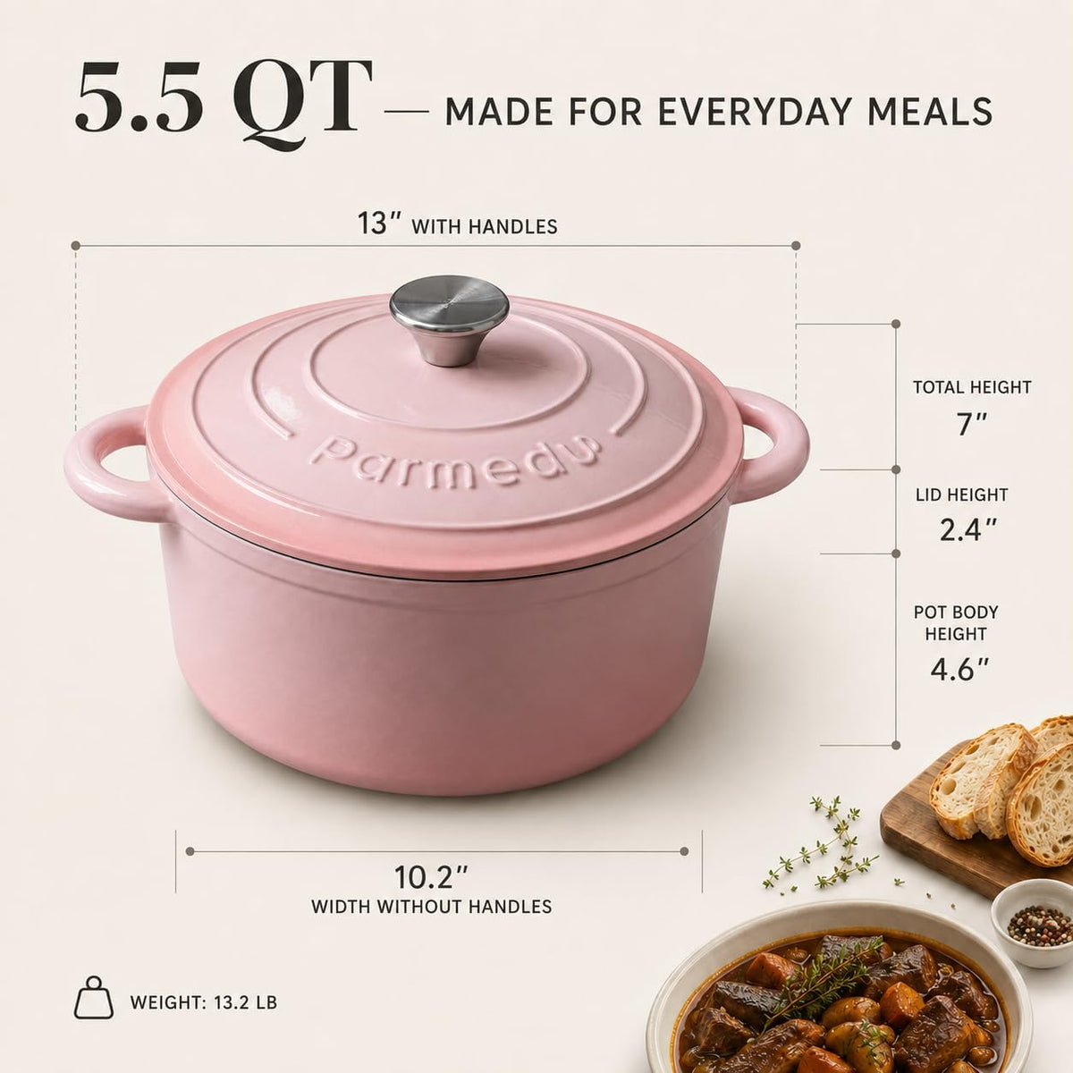 Horno holandés de hierro fundido esmaltado de 5.5QT para pan de