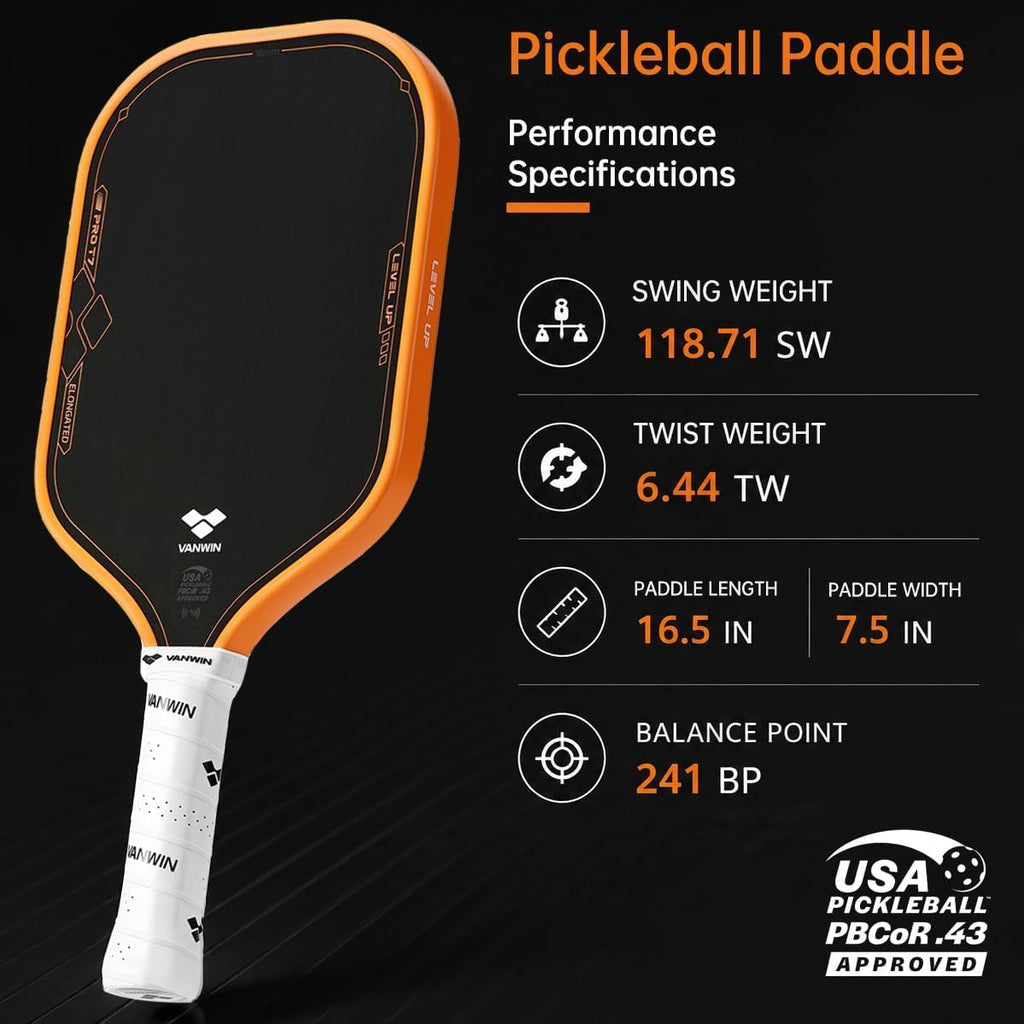 Paleta de pickleball, T700 de fibra de carbono Pickle Ball Paddle alargada aprobada por USAPA para jugadores intermedios y avanzados, núcleo de polipropileno de 0.630 in