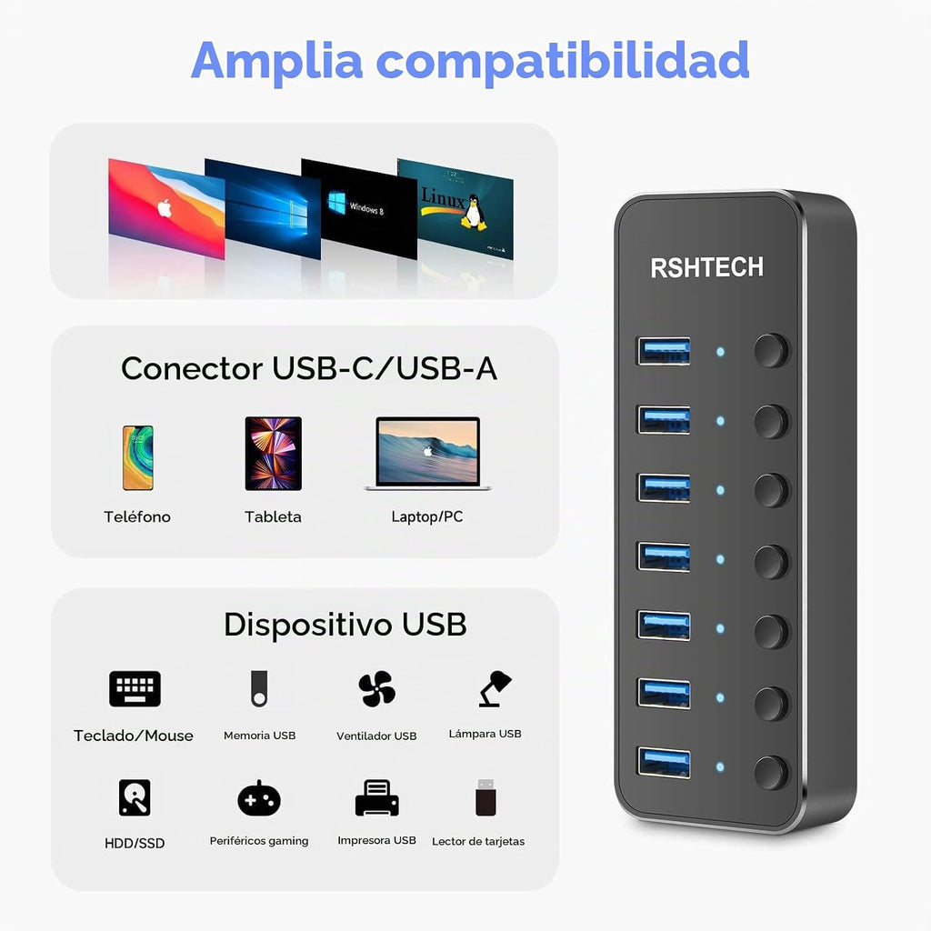 RSHTECH, RSH-ST07, hub USB 3.0 de 7 puertos, alimentado, adaptador 5V/3A