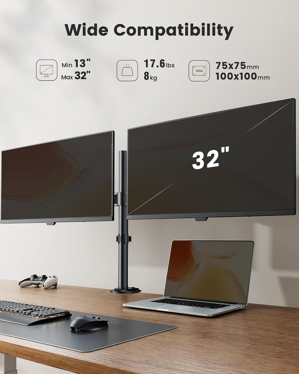 ErGear - Soporte para dos monitores, resistente y ajustable, montaje de escritorio para monitores de hasta 32 pulgadas, altura totalmente ajustable, inclinación, giro, rotación, soporta 8 kg por brazo