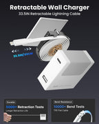 Cargador de pared USB retráctil 40W PD, cable Lightning de 33.5 in, 1 USB-A