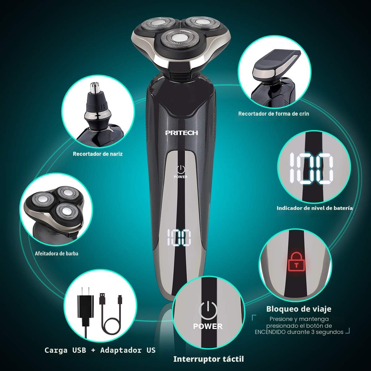 PRITECH - Maquinilla de afeitar eléctrica rotativa para hombre | co...