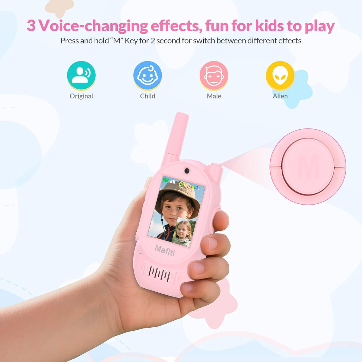 Mafiti Walkie Talkies de video para niños, paquete de 2 juguetes recargables de alcance de 1000 pies para niños de 3, 4, 5, 6, 7, 8 años, regalos de cumpleaños (rosa + rosa)