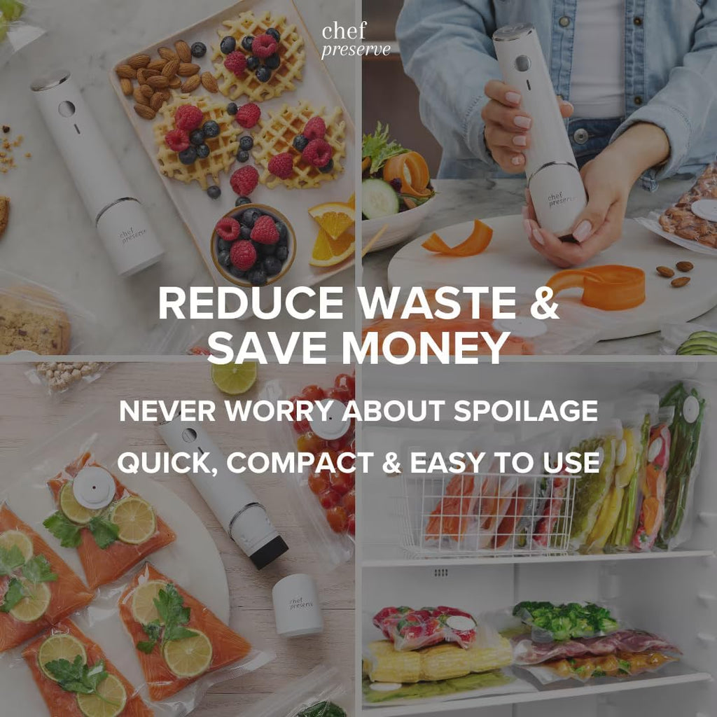 Chef Preserve Selladora al Vacío Compacta para Alimentos (Máquina Selladora al Vacío + 20 Bolsas al Vacío Reutilizables) Potente Máquina Selladora al Vacío Portátil, Selladora de Comida Portátil