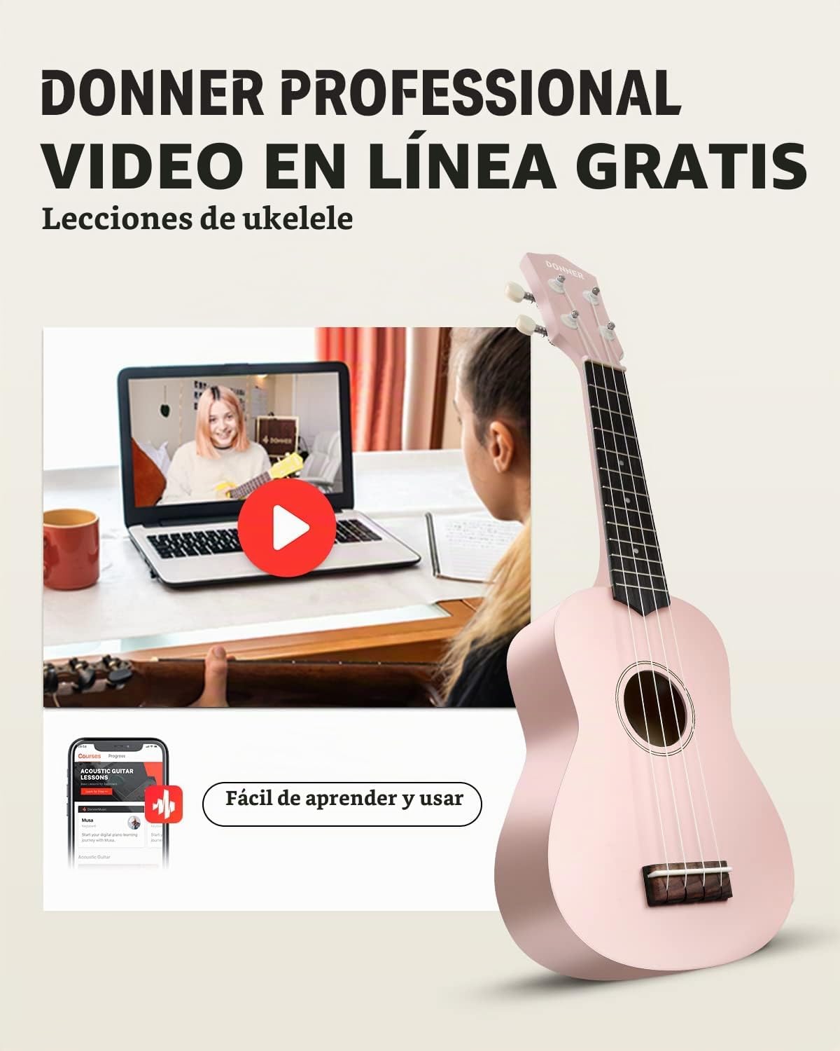 Donner Ukulele soprano para principiantes, ukulele mate de 21 pulgadas, kit para principiantes con bolsa, correa, afinador, cuerdas, púas, paño, lecciones en línea gratuitas, regalo de fiestas