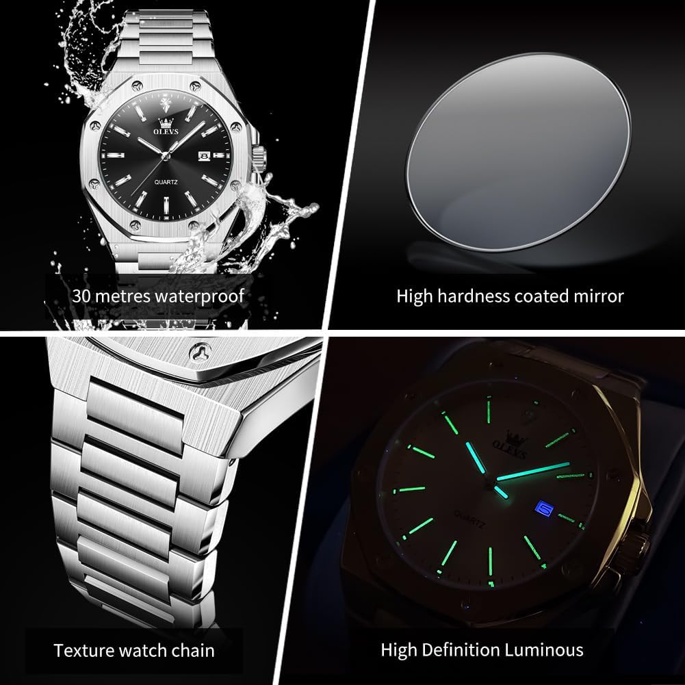 OLEVS Relojes para hombres de lujo octagonales en acero inoxidable de pulsera: reloj analógico de cuarzo de cara grande luminosa