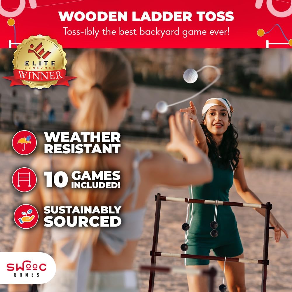 Swooc Games® - Juego de pelota de escalera de madera prémium (resistente a la intemperie) - con más de 10 juegos y estuche de transporte - Fácil de configurar sin herramientas - Juego de lanzamiento