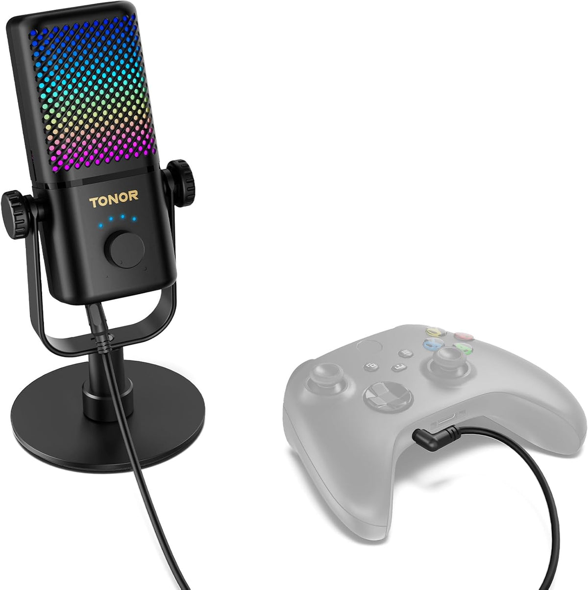 TONOR Micrófono para juegos compatible con Xbox, micrófono de transmisión de condensador RGB, bajo ruido, control de ganancia, silencio de un toque, compatible con tarjeta de captura, cable de 78 pulgadas, soporte de escritorio, negro TCX3