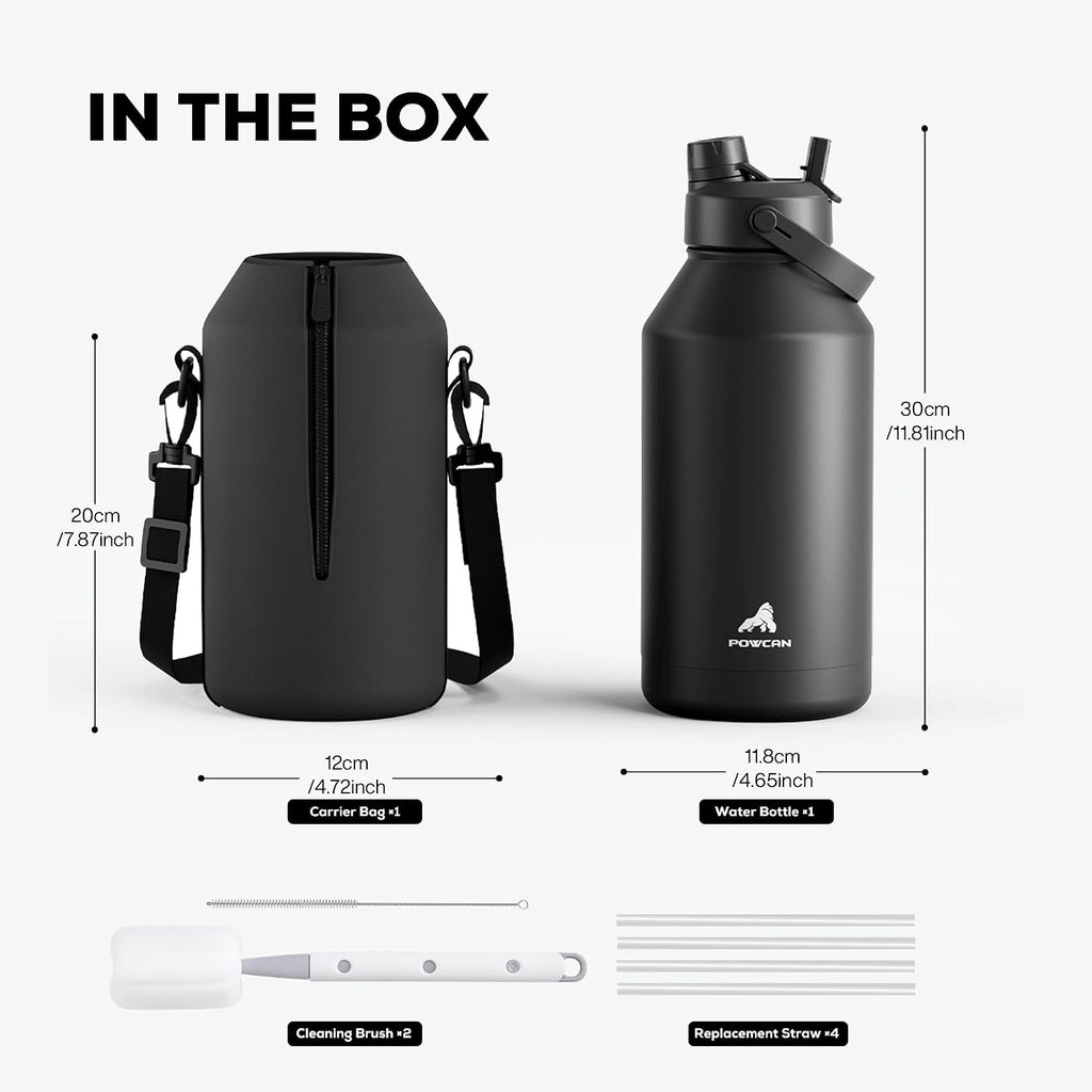 POWCAN Botella de agua aislada de 64 oz para deportes: tapa de popote y boquilla 2 en 1, a prueba de fugas, bolsa de transporte, correa para el hombro, mantiene el frío 48 horas, sin BPA, jarra de