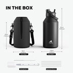 POWCAN Botella de agua aislada de 64 oz para deportes: tapa de popote y boquilla 2 en 1, a prueba de fugas, bolsa de transporte, correa para el hombro, mantiene el frío 48 horas, sin BPA, jarra de