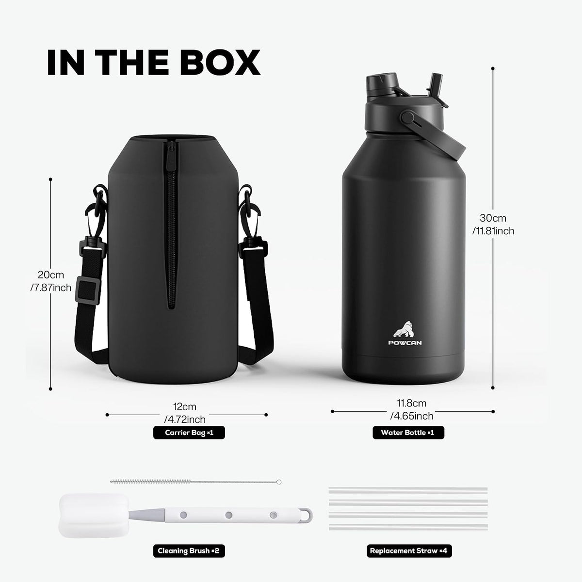 POWCAN Botella de agua aislada de 64 oz para deportes: tapa de popote y boquilla 2 en 1, a prueba de fugas, bolsa de transporte, correa para el hombro, mantiene el frío 48 horas, sin BPA, jarra de