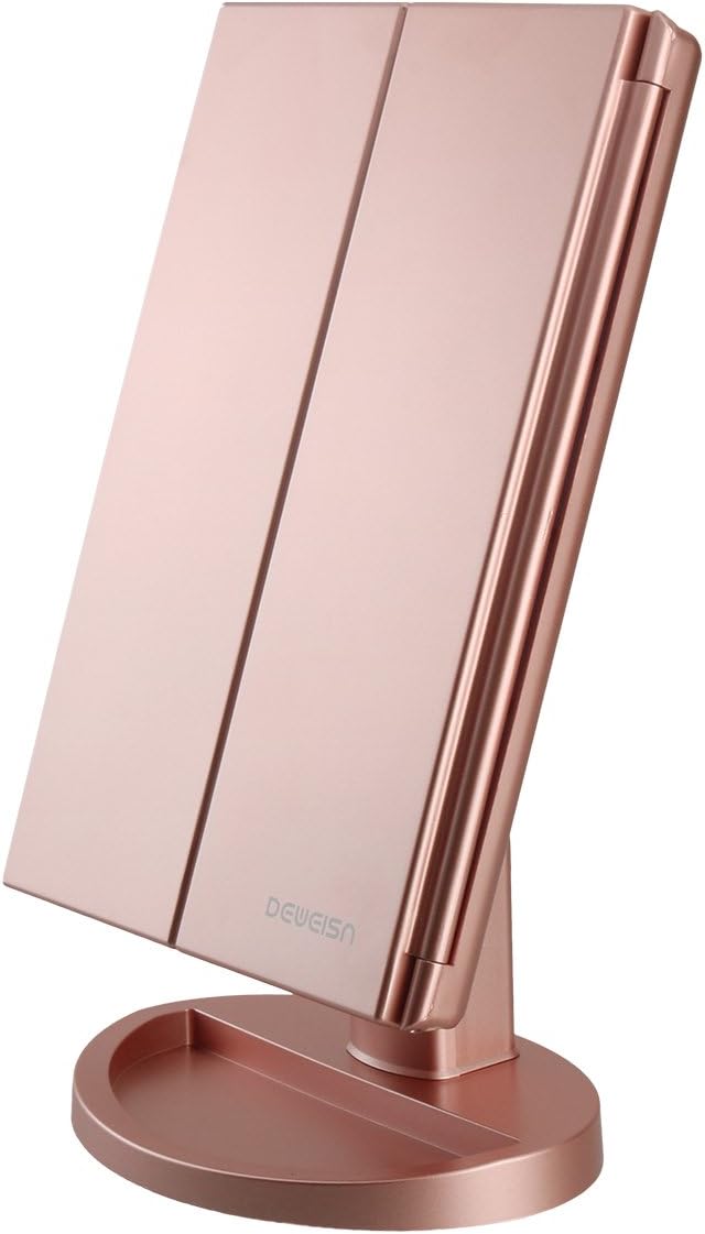 Espejo cosmético con tres pliegues DeWEISN con 21 luces LED para iluminación, pantalla táctil y ampliación de 3X/2X/1X, dos modos de suministro de energía, espejo de viaje
