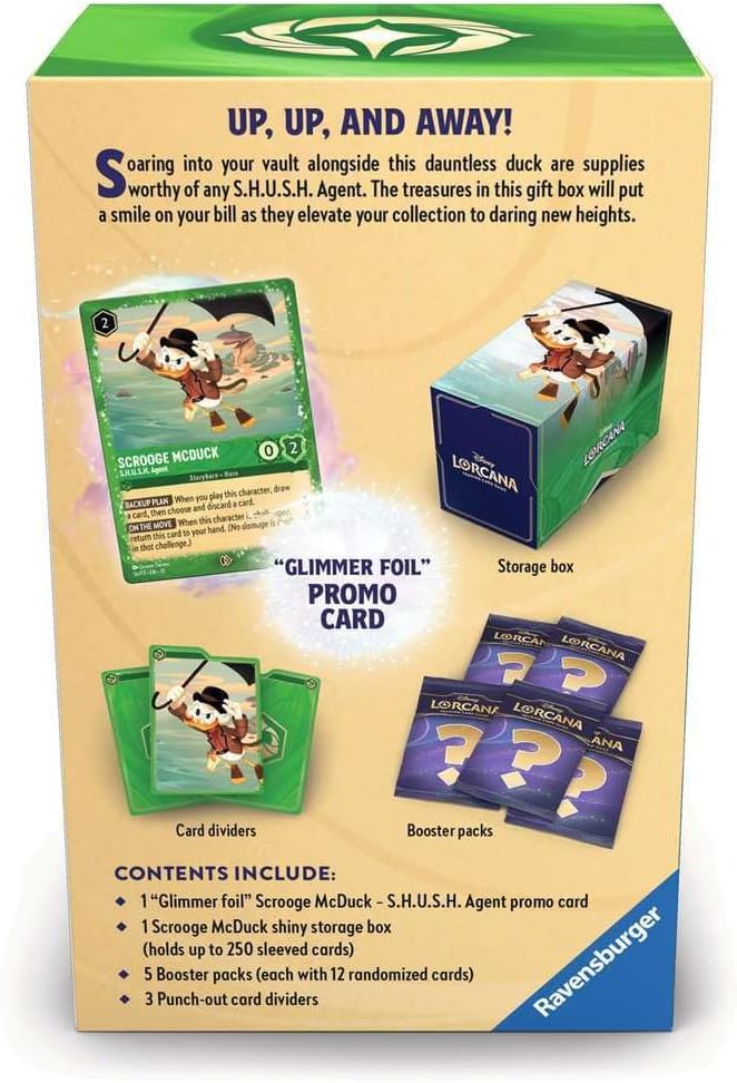 Ravensburger Disney Lorcana TCG: Scrooge McDuck - Tarjeta promocional de papel de aluminio brillante, 5 paquetes de refuerzo surtidos, caja de almacenamiento y divisores, juego de cartas coleccionables de Disney, a partir de 8 años